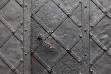 Old metal door with forged elements and lock, close-up.