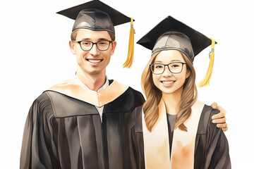 illustration Close-up portrait of a couple of recent graduate students. cut out white background