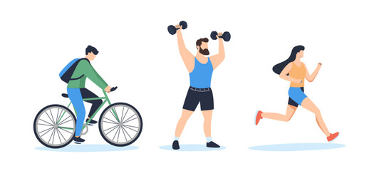 Vector isolated illustration set of sport and leisure people. Cycling experiences, Adventure sport motorsport, outdoor