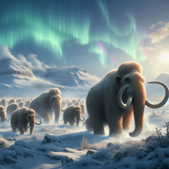 herd of mammoth walking on the ice - obrazy, fototapety, plakaty