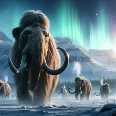 herd of mammoth walking on the ice