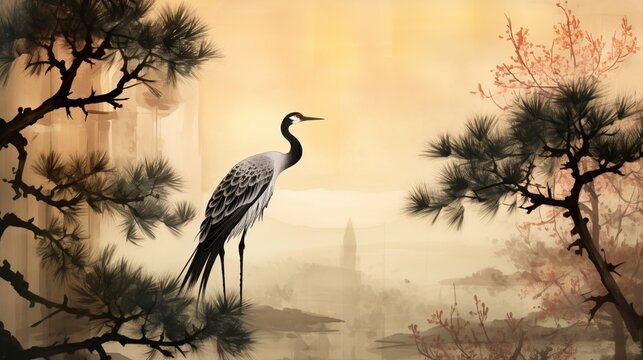 Beautiful birds trees sky old painting framed canvas wallpaper image AI generated art