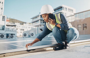 Black woman, rooftop solar panel or maintenance phone call about photovoltaic plate, sustainability or project. Eco friendly energy, cellphone conversation or female engineer talking about inspection - Powered by Adobe