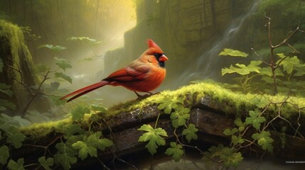 Beautiful cardinal red birds photography branch wallpaper image AI generated art