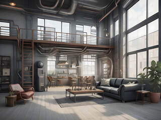 Living room interior in loft industrial style