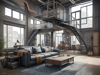Living room interior in loft industrial style