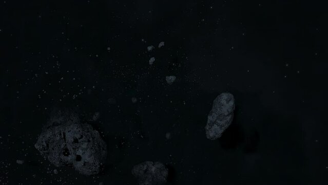 Asteroid belt field in dark outer space. 3D animation wide pan shot. Rock formations of cosmic debris and giant Meteorites. Celestial objects on starry stars background with dust nebula haze low light