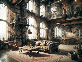 Naklejka premium Living room interior in loft industrial style