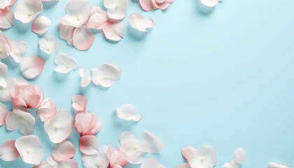 Top view flowers composition. Rose flower petals on pastel blue isolated background. Valentine's...