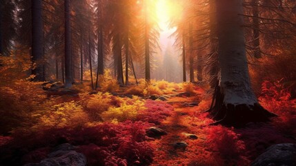 Fototapeta premium Beautiful color forest award winning landscape autumn painting photography image AI generated art