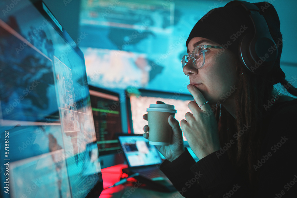 Fototapete Woman, hacker and computer with thinking, night and coffee for analysis, cyber crime and ideas with monitor. Information technology expert, screen and dashboard with ransomware with phishing for data