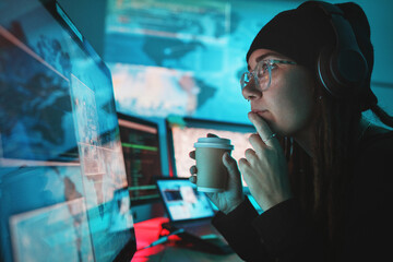 Woman, hacker and computer with thinking, night and coffee for analysis, cyber crime and ideas with monitor. Information technology expert, screen and dashboard with ransomware with phishing for data - obrazy, fototapety, plakaty