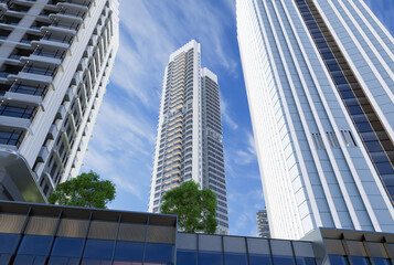 Fototapeta na wymiar Bottom view of modern skyscrapers in business district, Business vision concept. 3D render
