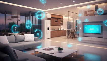 Smart house concept. Internet of Things Concept. Smart home dashboard interface control devices and set up automations. Futuristic virtual technology screen - obrazy, fototapety, plakaty