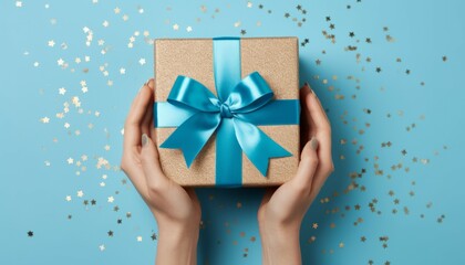 Top view photo of hands giving craft paper gift box with colorful ribbon bow on isolated background with empty space