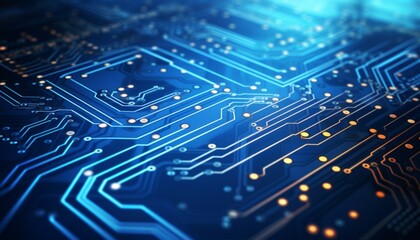 High tech circuit board and creative blurry blue circuit wallpaper background. Technology and computing concept photo. Network Tech Background