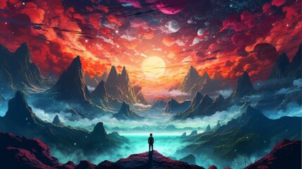Beautiful colorful mountain landscape sky painting wallpaper image AI generated art