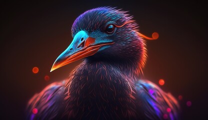 Fototapeta premium Beautiful coots bird face realistic impressive neon light Ai generated art
