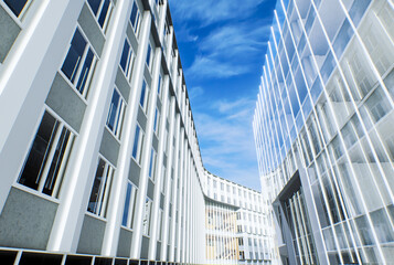 Bottom view of modern skyscrapers in business district, Business vision concept. 3D render