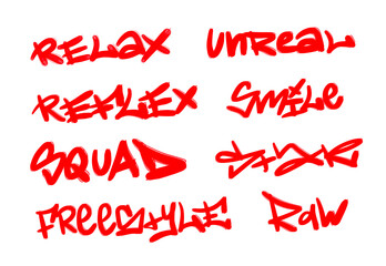 Collection of graffiti street art tags with words and symbols in red color on white background