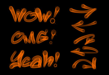 Collection of graffiti street art tags with words and symbols in orange color on black background
