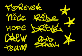 Collection of graffiti street art tags with words and symbols in yellow color on black background