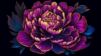 Beautiful elegant vector magenta peony flowers black background AI generated art