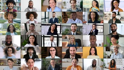 Video collage a lot of positive multiracial people looking at camera. Many smiling multiethnic faces of with different ages. Business corporate, successful coworkers, ordinary happy people - Powered by Adobe
