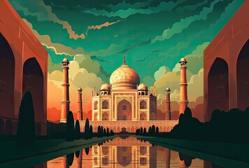 illustration of the taj mahal with complementary colors, the blue and the orange. - obrazy, fototapety, plakaty