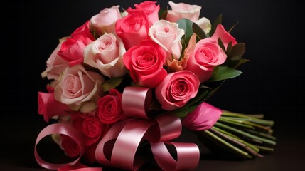 A beautiful and romantic bouquet of fresh red and pink roses