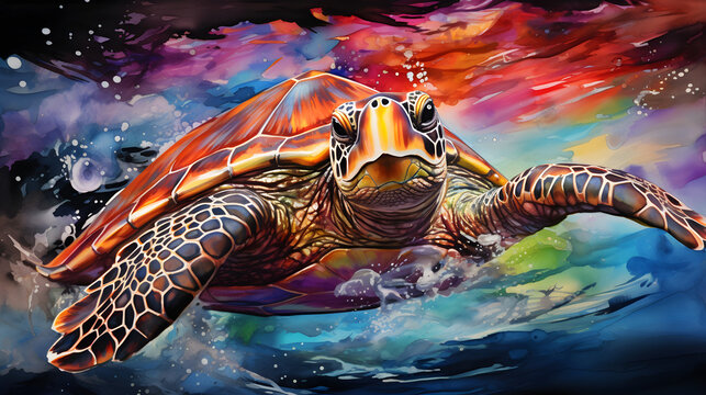 turtle swimming amidst alcohol ink