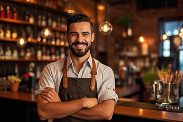 Bartender smiling at camera, blurred bar background - obrazy, fototapety, plakaty