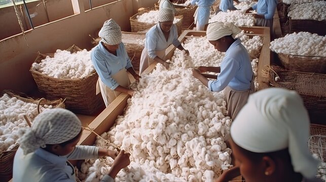 women of different ethnicity in an indian cotton factory choosing the best cotton, working concept