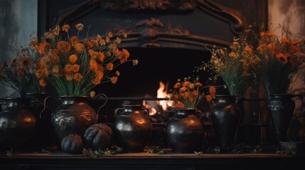 Beautiful flowers in copper pots mantel rustic Ai generated art