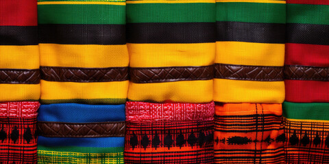 Closeup of a set of Ghanaian kente cloth, known for its vibrant and intricate patterns, used as a traditional fabric for clothing and home decor. - obrazy, fototapety, plakaty