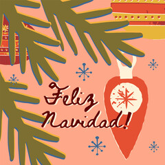 Merry Christmas greeting card template with Feliz Navidad text, fir tree branch, vintage Christmas tree glass baubles.