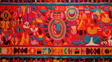 Closeup of a brightly colored Peruvian tapestry, featuring traditional Andean designs and symbols.