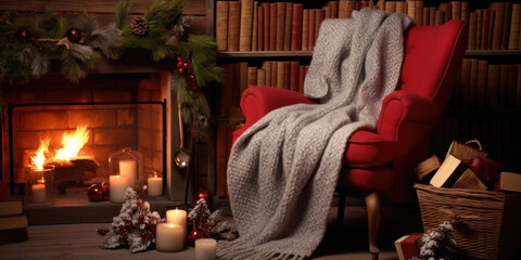 A cozy knitted blanket is dd over one of the books, giving a sense of comfort and warmth to the display.