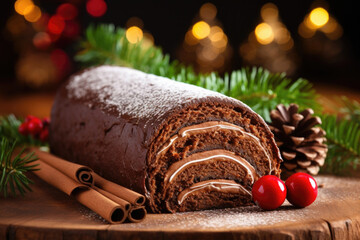 Closeup of a slice of Buche de Noel, a chocolate sponge cake rolled and decorated to look like a yule log, typically enjoyed as a Christmas dessert in France and other European countries. - obrazy, fototapety, plakaty