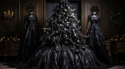 Naklejka premium The Christmas tree is decked out in black lace and ribbon, with hauntingly beautiful ornaments of ravens, bats, and creepy dolls. A black veil cascades down one side, adding to the eerie
