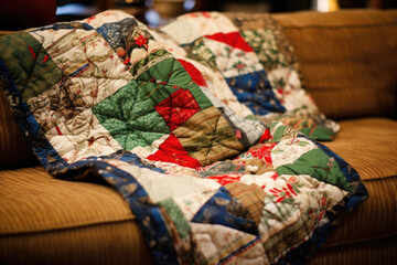 A handstitched quilt dd over a sofa, with each patch representing different memories and traditions of past Christmases, now cherished even more on their own.