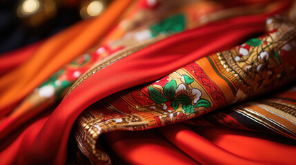 Closeup of a luxurious silk scarf, handloomed and adorned with intricate patterns in vibrant hues.