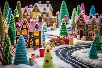 Surrounding the mansion is a colorful and festive gingerbread village, complete with smaller houses, trees, and even a gingerbread sleigh.