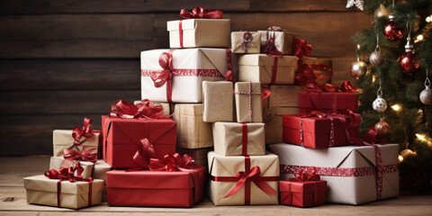 A stack of carefully chosen Christmas gifts, each one beautifully wrapped and labeled with the name of the intended recipient, but with no one to give them to. - obrazy, fototapety, plakaty