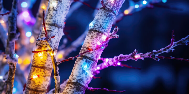 Closeup of a lone birch tree, its stark white trunk decorated with strings of colorful lights and shimmering tinsel.