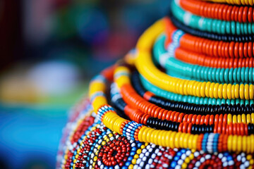Closeup of a traditional South African beaded necklace, crafted by the Zulu people and featuring intricate geometric patterns and bright colors. - obrazy, fototapety, plakaty