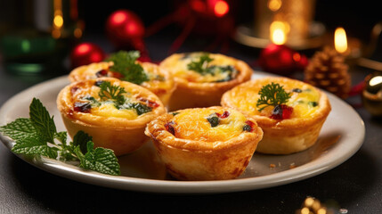 A tray of mini quiches, each with a unique filling such as spinach and feta or bacon and cheddar, served with a side of homemade cranberryorange relish. - obrazy, fototapety, plakaty