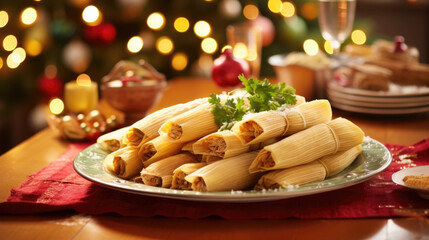 A platter of tamales, a traditional Mexican dish made of corn dough filled with meats or vegetables and served during Christmas celebrations. - obrazy, fototapety, plakaty