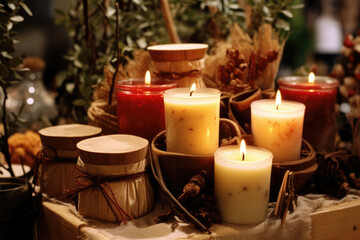 A corner stall filled with homemade scented candles, with fragrances ranging from warm vanilla to y cinnamon, evoking the joyous scents of the holiday season.