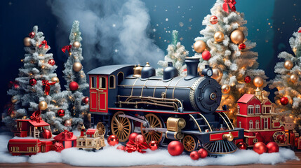 Creative design of Christmas greeting card with Christmas express, houses, Christmas trees and presents. Beautiful metallic train. Great for children. Copy space, place for text. Generative AI